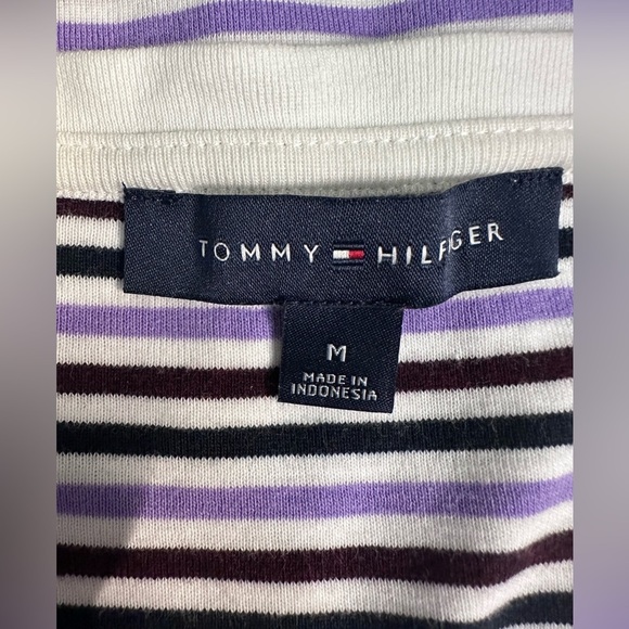 👚 TOMMY HILFIGER Women’s Purple & White Stripe Long Sleeve V-Neck T-Shirt - Picture 6 of 11